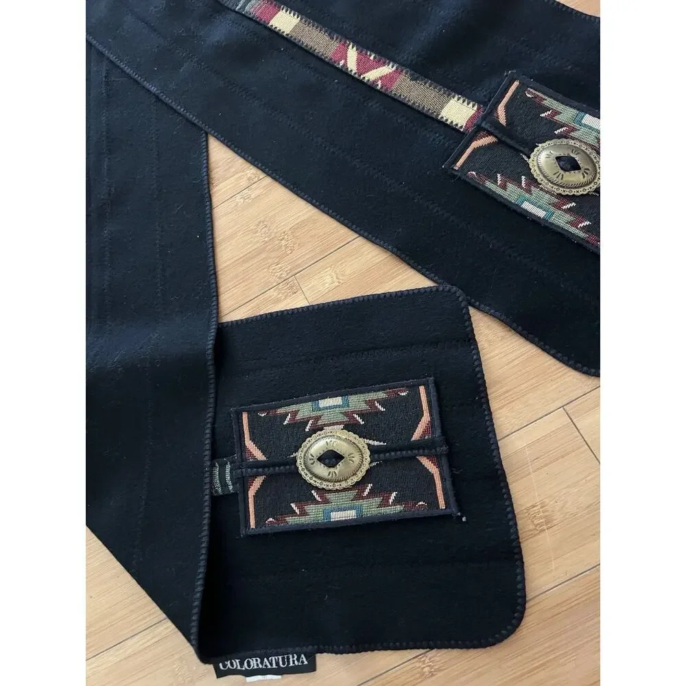 Vintage Coloratura Concho Black Scarf Wrap 100% Pure Wool Made In USA 71x10”